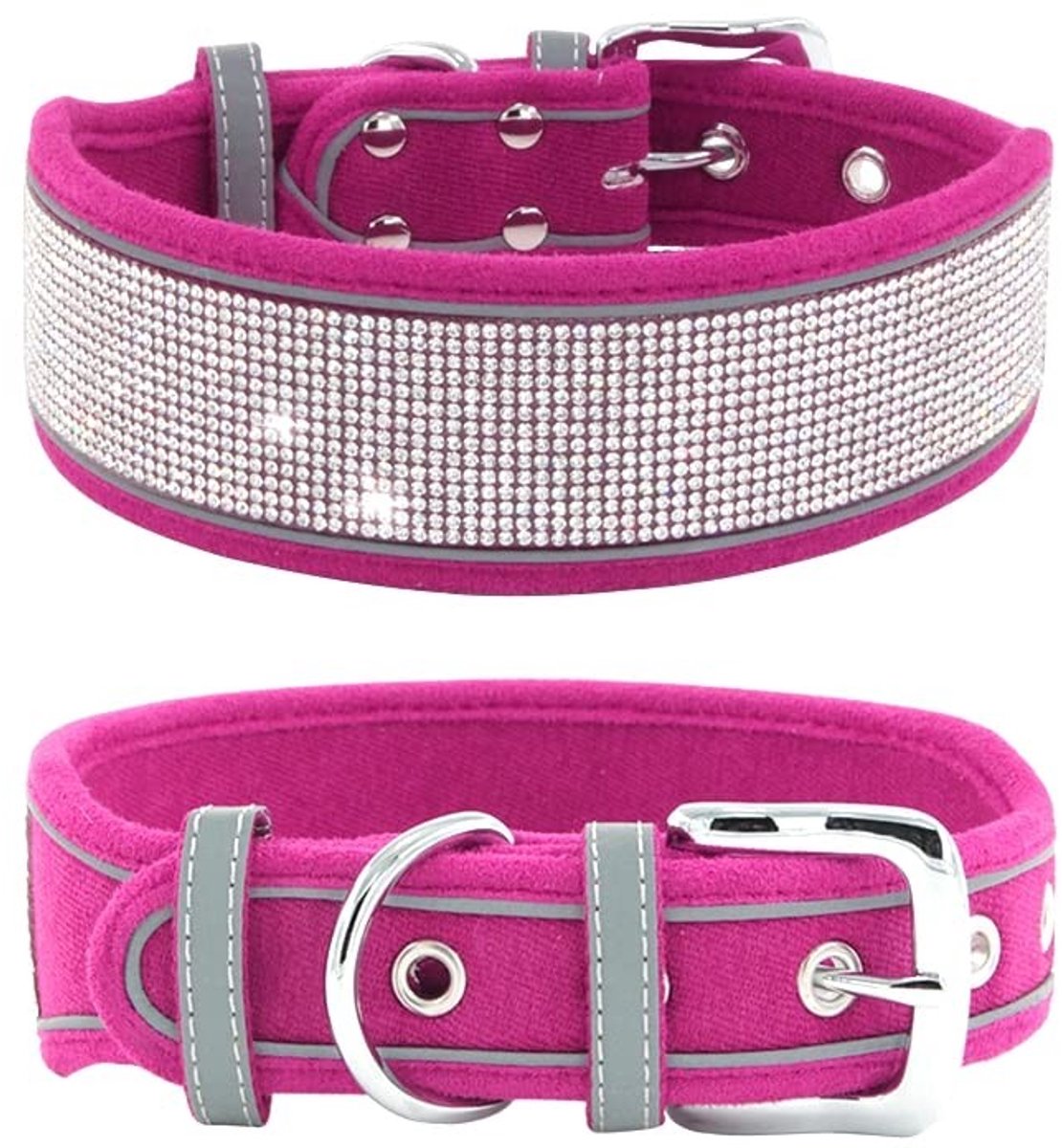 aladdien - Strass hondenhalsband - Reflecterend - Zacht suède - Felroze - Kristal diamant halsband - Geschikt voor grote honden - L: 48,3-58,4 cm