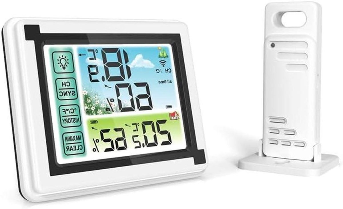 Weerstation met Touchscreen - Digitale Klok Thermometer - Thuis Gebruiken - Draadloze Buitensensor - 16 x 15 x 3 cm