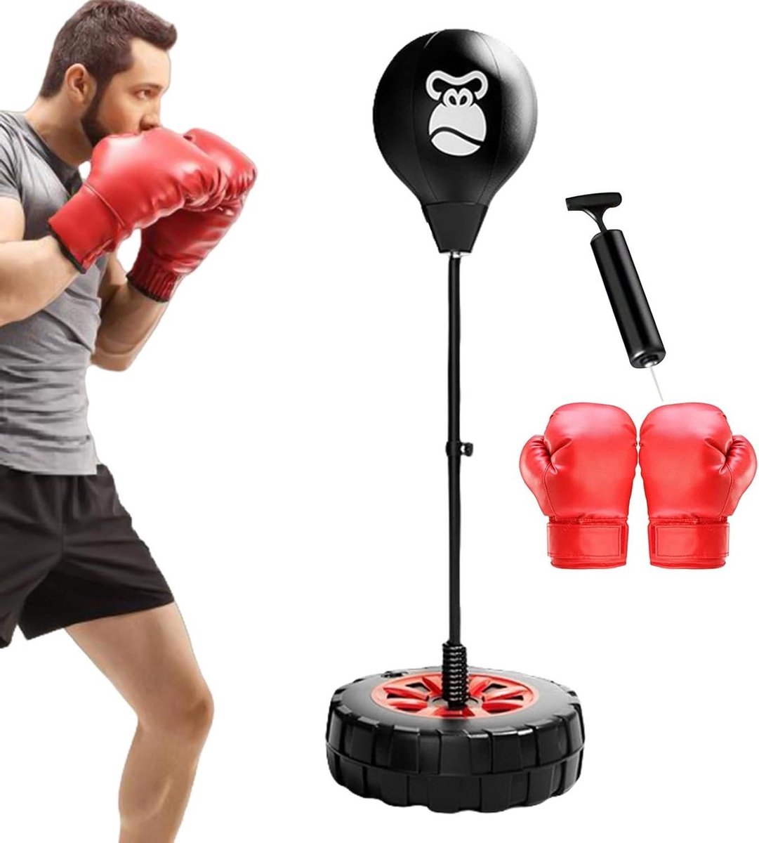 Staande Speedbag - Boksbal Set - Thuis Fitness - Inclusief Bokshandschoenen - 27-47 Inch Verstelbaar - Zwart