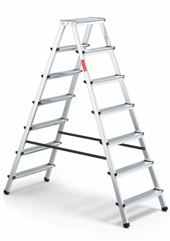 Zilverkleurige aluminium huishoudladder met 7 treden, dubbelzijdig opvouwbaar, met rode BAULICH logo.