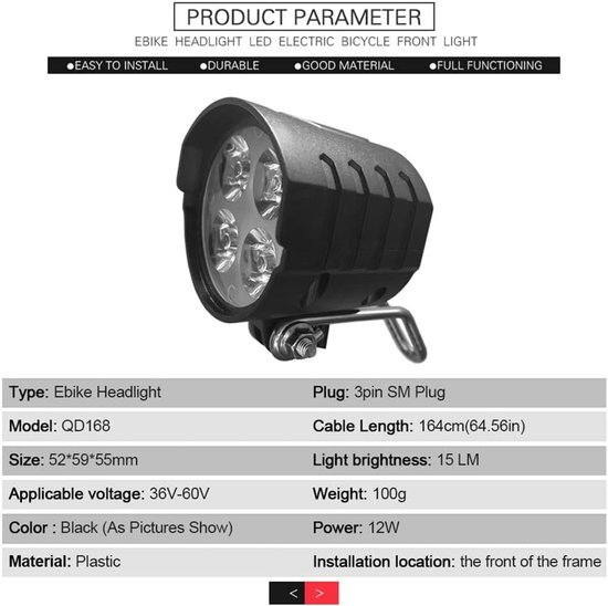 VHV - E-bike koplamp - LED voorlicht voor elektrische fiets - fiets koplamp 36V-60V waterbestendig met claxon - voor e-bike, e-step en scooter — afbeelding 5