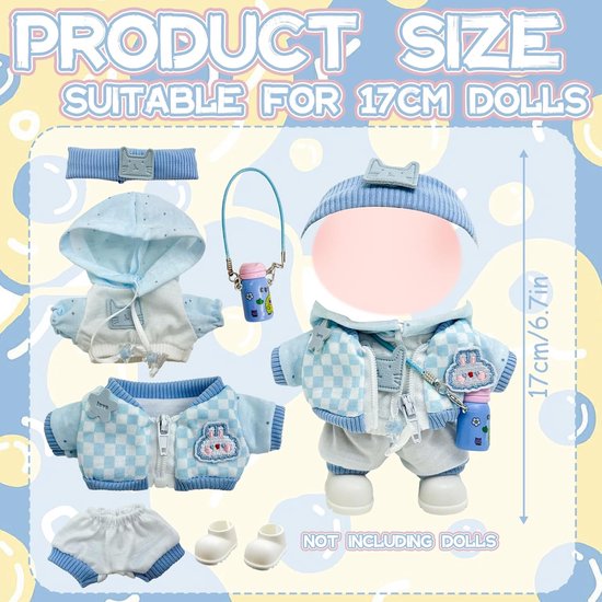 Poppenkleding Set - Outfit Accessoires - Poppen Aankleden - Compleet Inclusief Schoenen - 17 cm Poppen - Lichtblauw Geruit — afbeelding 2