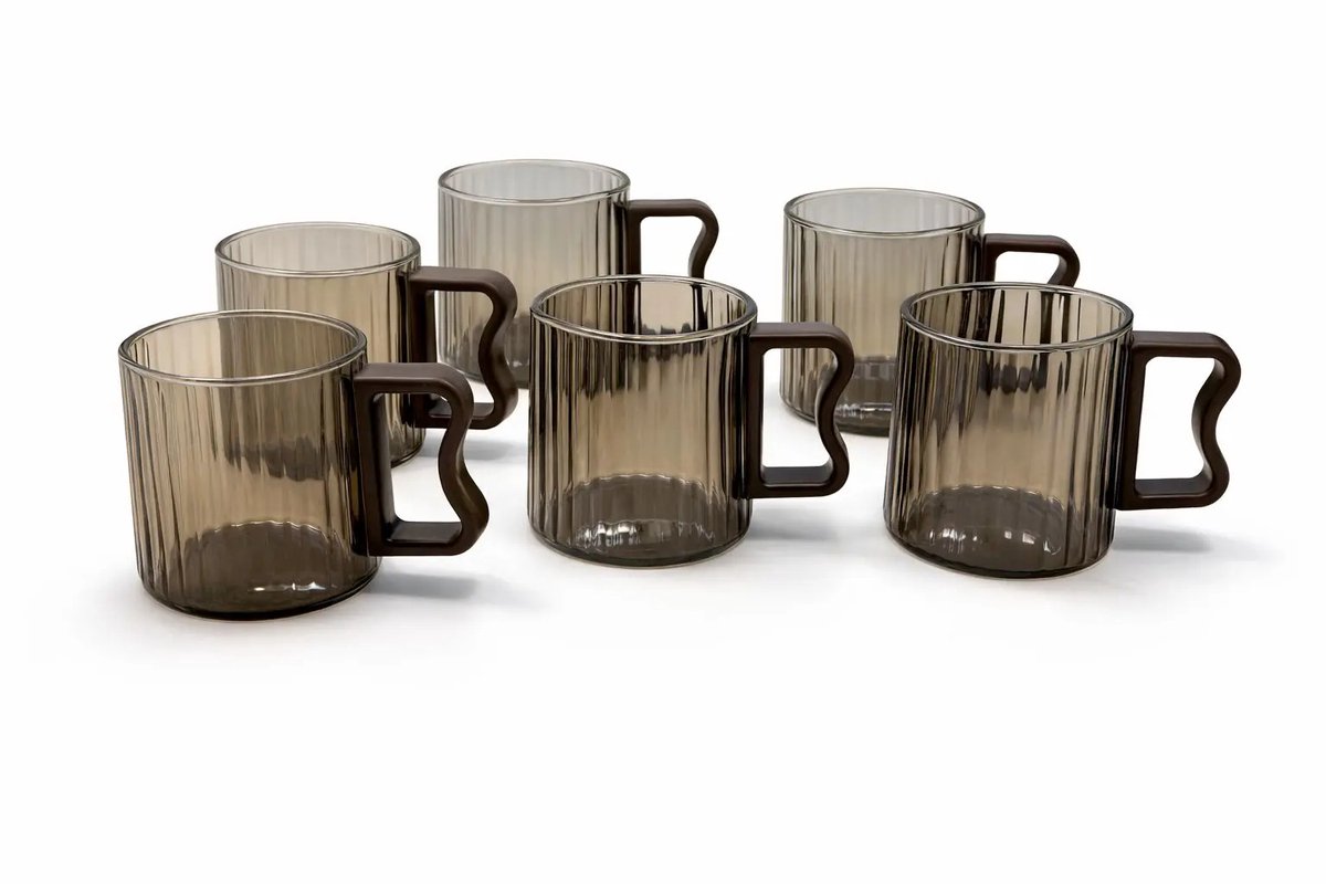 Geribbeld - theeglas - set van 6 - met handvat - helder grijs - duurzaam design