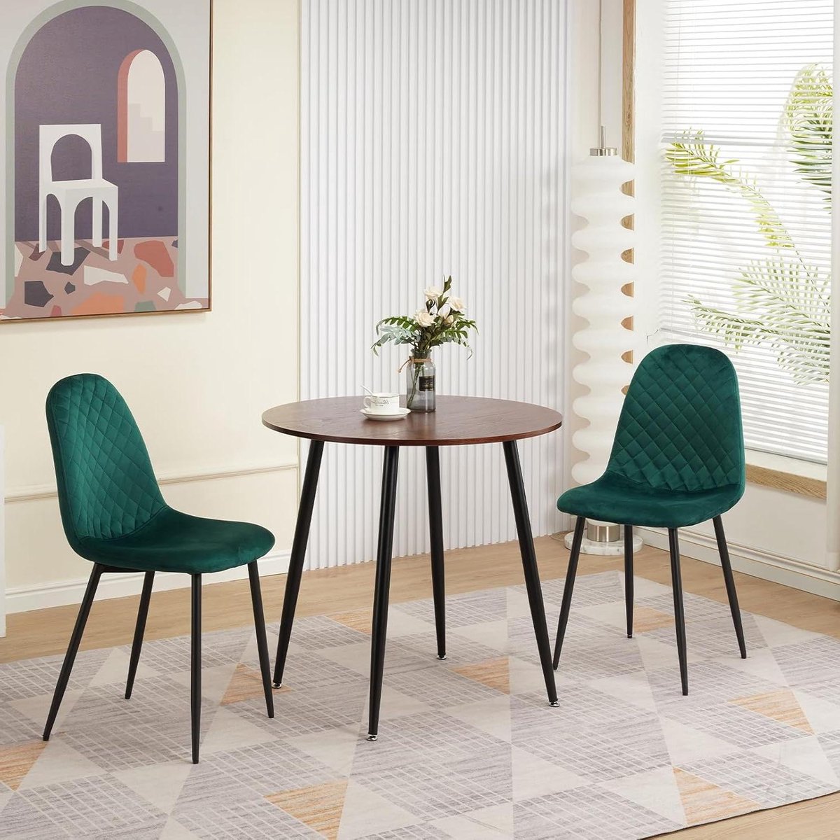 Eettafel met Stoelen - Eetkamerset Ronde Tafel - Kleine Ruimtes - Houtfineer Effectblad - 80 cm - Bruin met Groen
