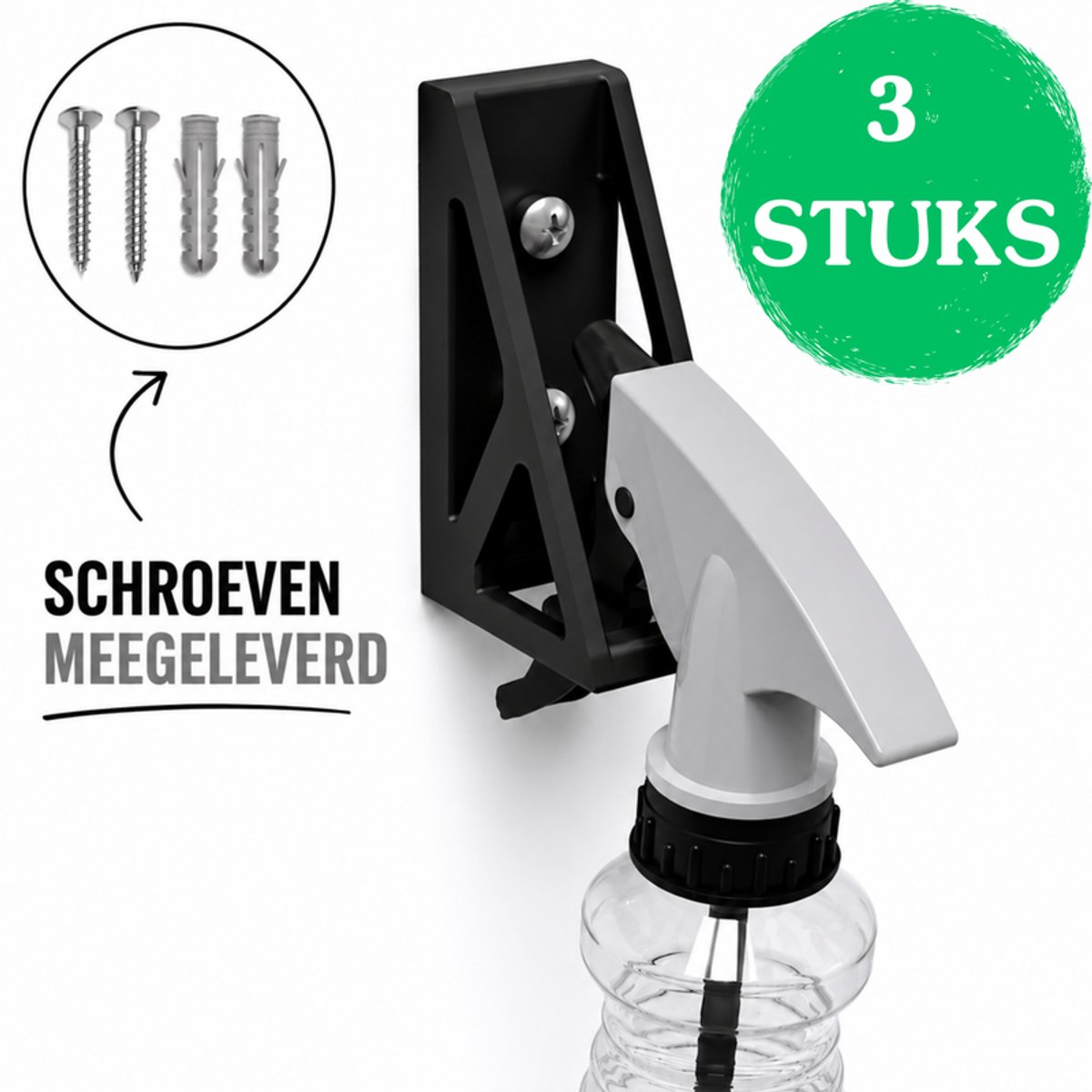 Universele Sprayfles Houder Set Van 3 - Wandmontage Sprayfles Organizer - Ophangsysteem Voor Schoonmaakflessen - Opberger Voor Garage Werkplaats Keuken En Schoonmaakruimte - 20MM En 30MM - Zwart