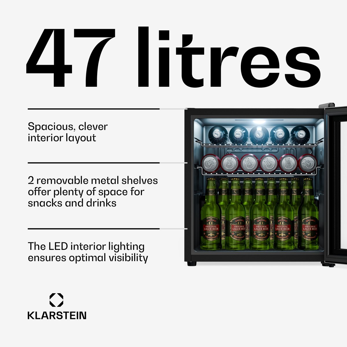 Klarstein drankkoelkast met glazen deur - 47 liter mini-drankkoelkast, ledverlichting, dubbel glas, verstelbare planken, 3-10 °C, onderbouw, stil Zilver