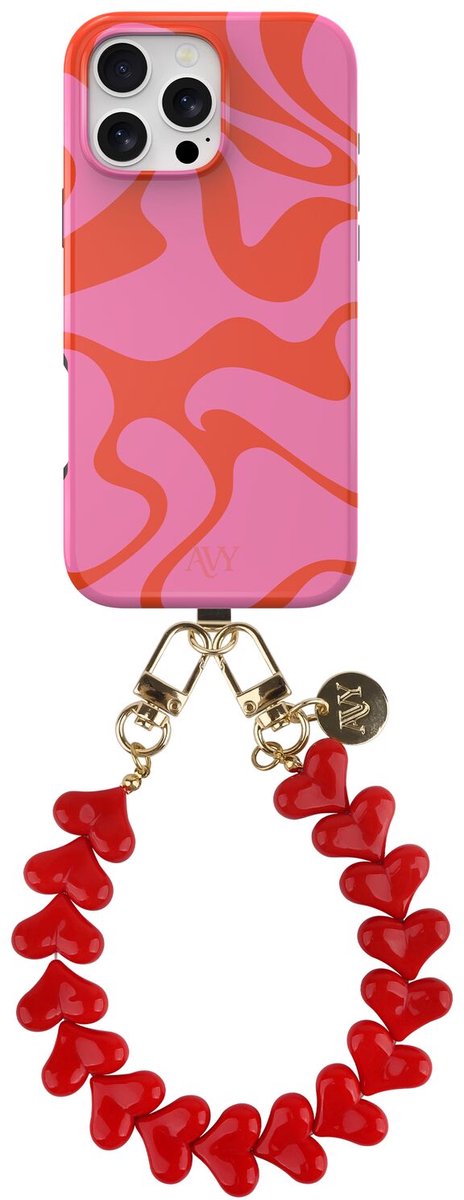 AVY Hoesje Met Telefoonkoord | Geschikt voor Apple iPhone 16 Pro | Compatibel met MagSafe | Hard Shell Back Cover | Stijlvol Bijpassend Koord 30CM | Rose Hearts | Roze