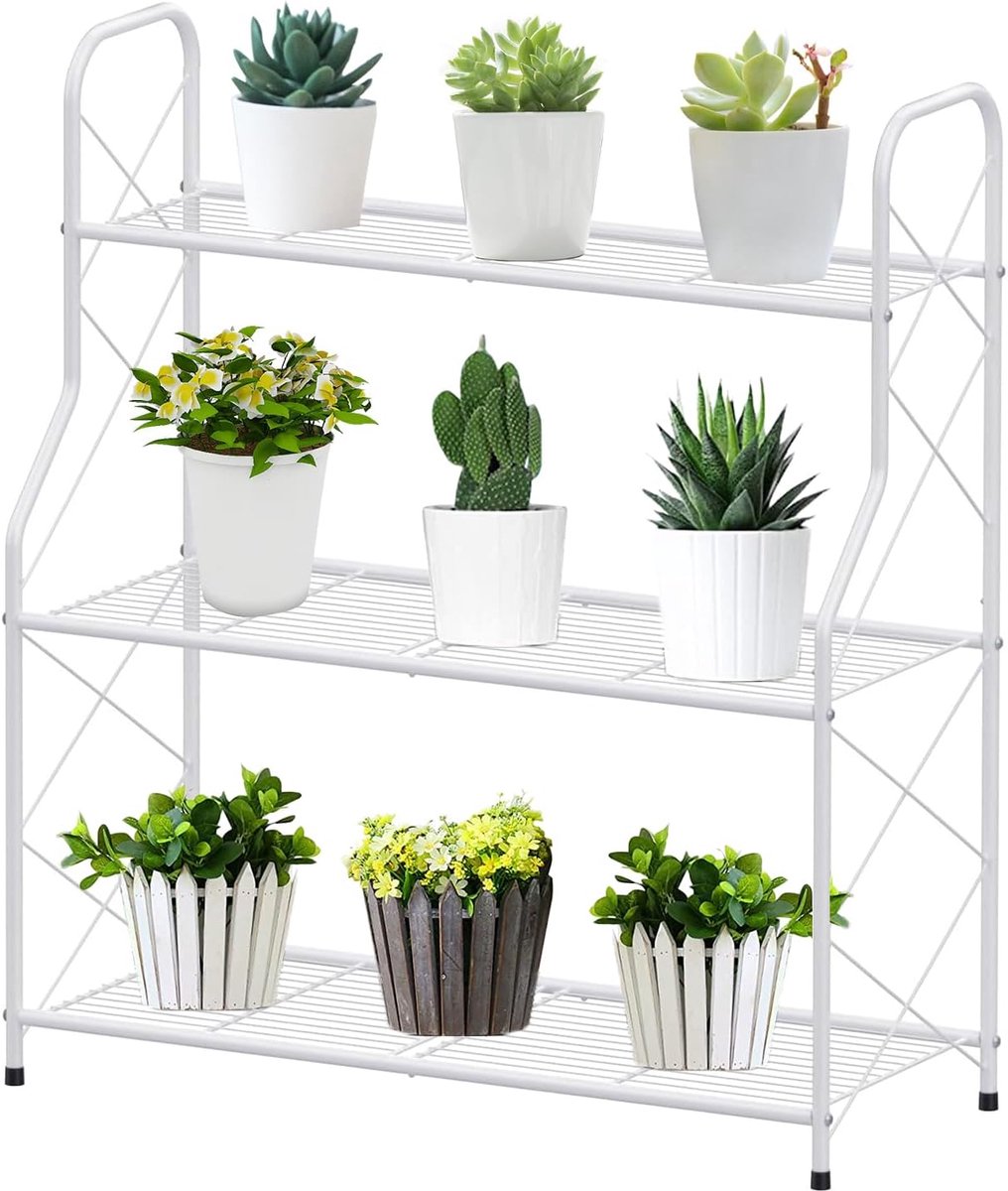Famanu – Metalen plantenrek met 3 niveaus, multifunctionele bloemenstandaard voor binnen en buiten, grote capaciteit in wit