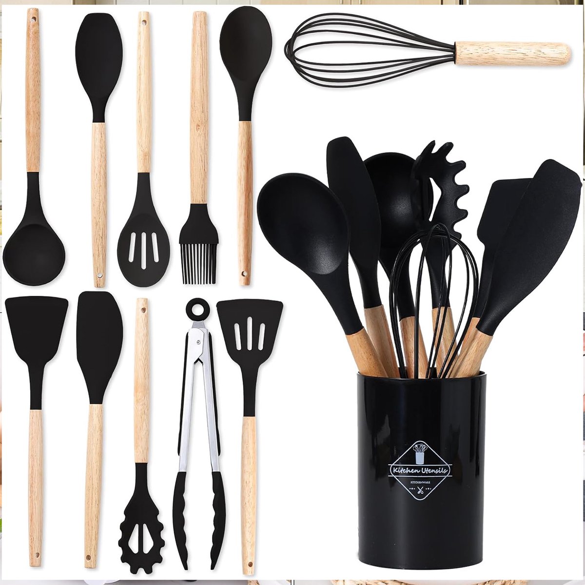 MODENUIT Keukengerei – 12-Delige Set – 34 x 11 x 11 cm – Siliconen en Hout – Zwart – Met Houder en Ophangoog