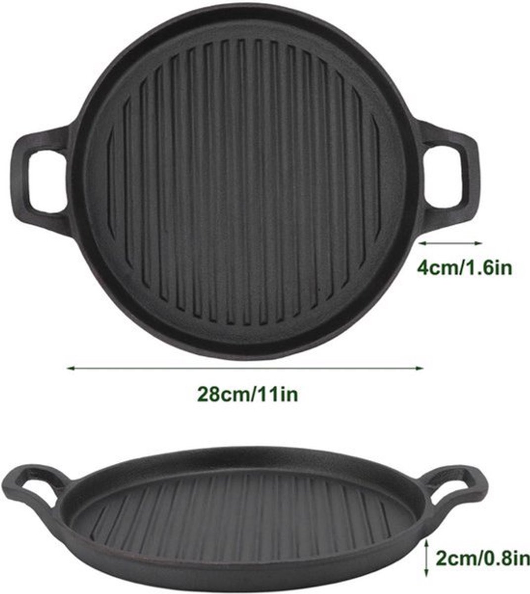 Gietijzeren Bakplaat 2 Cm/08" Hoogte Omkeerbaar Dubbel Handvat Geribbelde Ronde Grillpan Koekenpan Voor Gas-elektrische Kookplaat (28CM)
