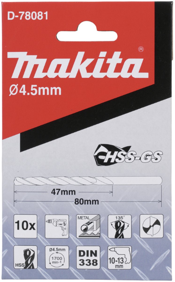 Makita Metaalboren HSS-GS 4,5x80 mm 10 St. - D-78081