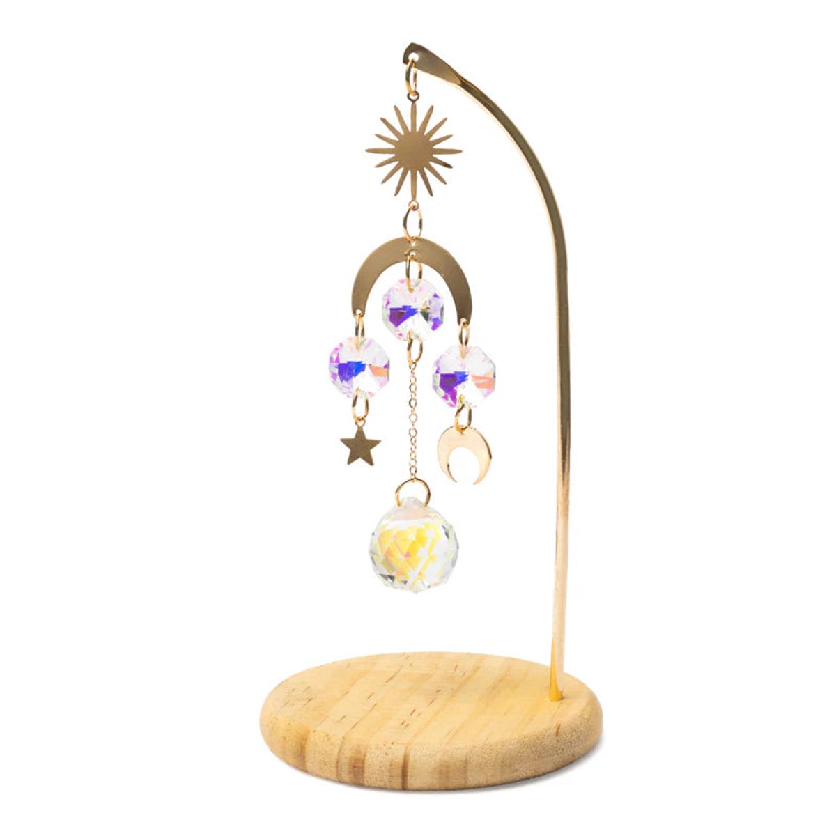 Phoenix Import Mani Bhadra Regenboogkristal suncatcher op houten voet met zon, maan en ster goud