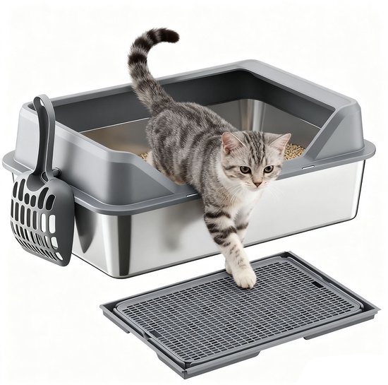 RVS Kattenbak met Anti-Spat Deksel & Kattenbakmat – Grote Lage Kattenbak 50x35x20 cm – Inclusief Schep – Grijs