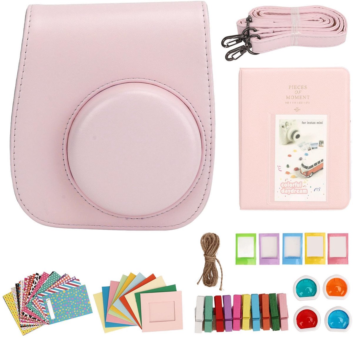 ONF3 - Beschermhoes Mini 12 - PU Lederen Tashoes - Verstelbare Riem - Roze - Albumfilters - Stickers - Geschikt voor Compactcamera's - Kleur Roze