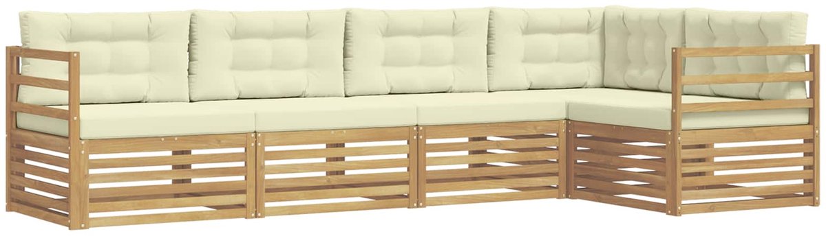 vidaXL Buiten - bank - set - 5 - st - 5-zits - Wit - en - crèmekleurig - Polyester Wit en crèmekleurig