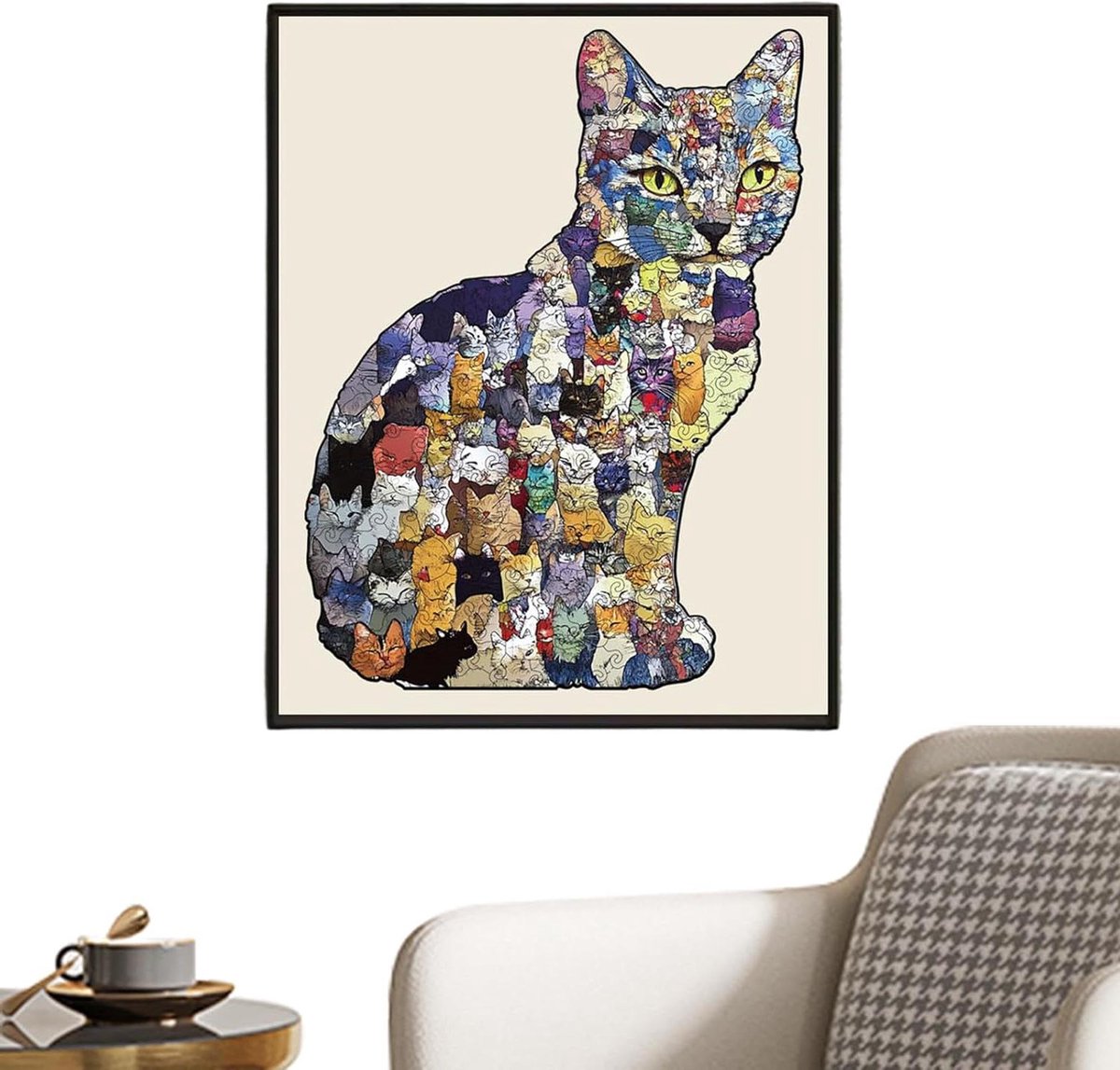 Houten Puzzel Kat - Hersenkraker Spel - Familie Vrijetijd - Uniek Kat Silhouet - 19 x 14 cm - Veelkleurig