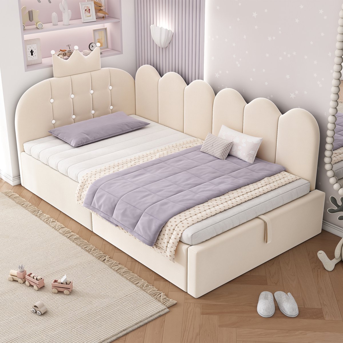 MIVRAY Dagbed 90x190 Cm - L Vorm Met Opbergruimte En Kroon Design - Zonder Matras - Voor Kinderkamer En Logeerkamer - Fluweel - Beige