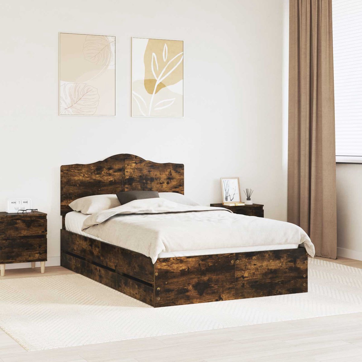 vidaXL Bedframe - met - lade - Gerookte - Eik - 135 - x - 190 - cm - Ingenieurshout Gerookte eik