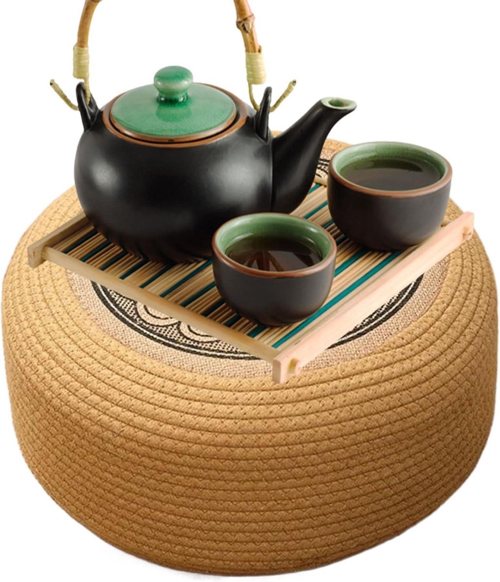Ronde Poef - Vloerkussen Voetenbank - Ontspannen Zitten - Handgeweven Rotan - 40 cm - Zwart