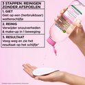 Stappen: giet op wattenschijfje, reinig make-up, veeg weg. Fles Garnier micellair reinigingswater met roze dop.