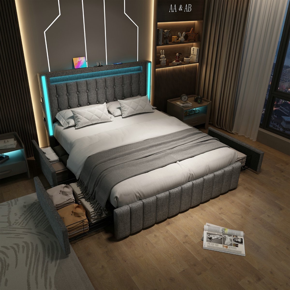 VVBV Gestoffeerd Opbergbed 140x200 cm - Opbergruimte, LED-Verlichting, USB, Lattenbodem - Hout Grijs - Zonder Matras