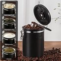 Zwarte RVS koffiebewaarpot van 2,8L, gevuld met koffiebonen, met een zilverkleurige lepel. Diverse afbeeldingen tonen de pot gevuld met gedroogd fruit, theebladeren, melkpoeder en granen.