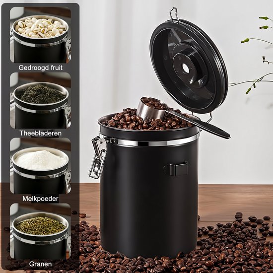 Zwarte RVS koffiebewaarpot van 2,8L, gevuld met koffiebonen, met een zilverkleurige lepel. Diverse afbeeldingen tonen de pot gevuld met gedroogd fruit, theebladeren, melkpoeder en granen.