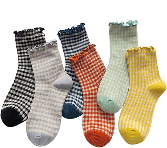 6 paar - Sokken - Sokken met ruches - Geruite sokken - Antislip Sokken Dames - Zomersokken - Sportsokken - Huissokken - Casual sportsokken - Damessokken met ruches - halfhoge sokken - zacht - ademend - zwart, geel, oranje, grijs, groen, blauw