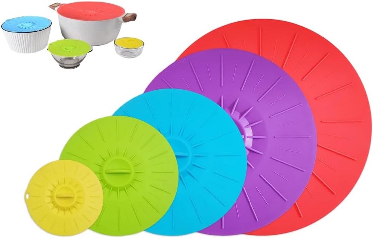 Pack van 5 Siliconen Komdeksels - Universele Herbruikbare Siliconen Lids voor de Keuken - Hittebestendige Magnetron Covers voor Diverse Containers, Jars, Schalen en Gerechten