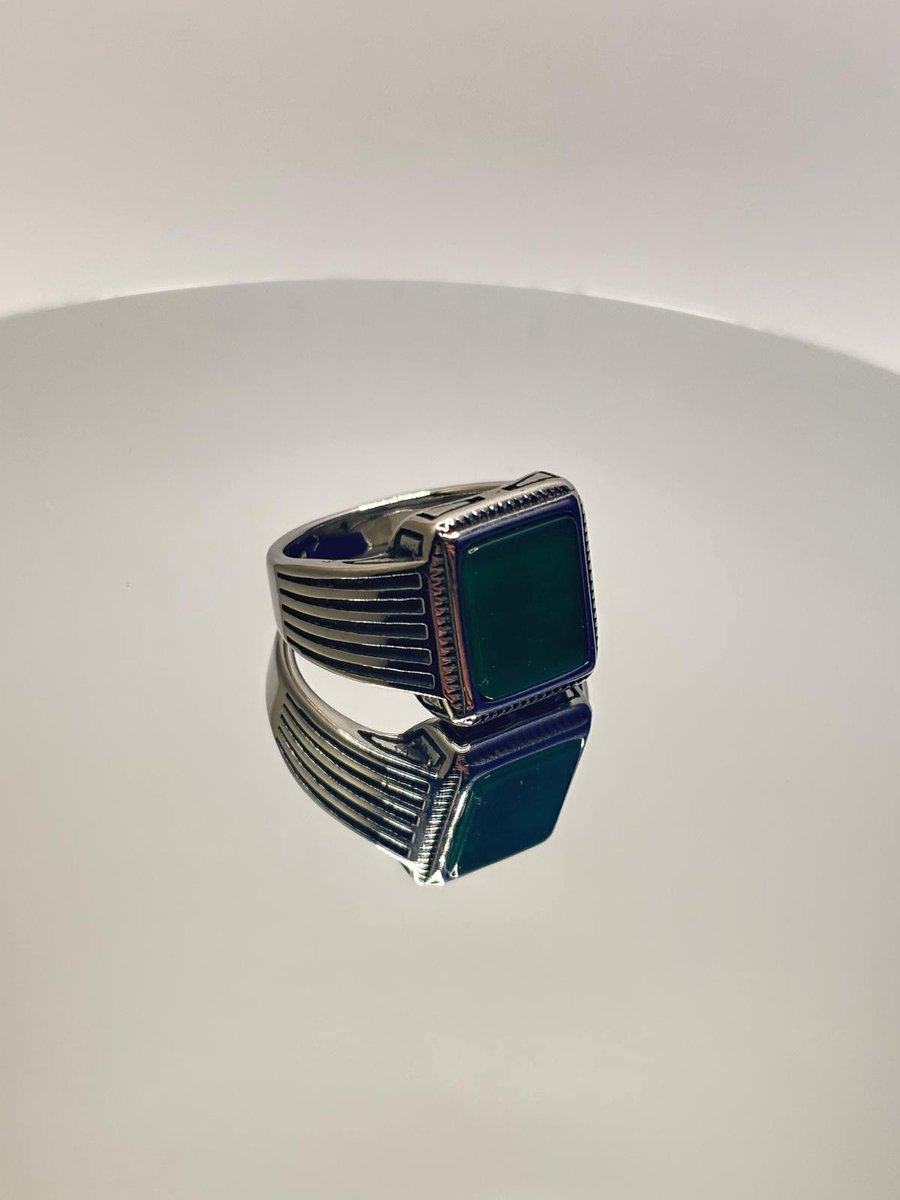 17mm - Groene Jade Zegelring Natuurlijke Gelegde Steen - Unisex - 316L RVS Ring