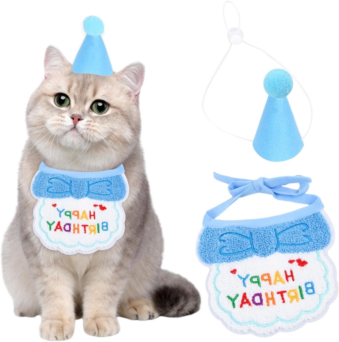 Verjaardagshoop voor Honden en Katten, Feestelijke Hoed en Slabbetje, Dierenverjaardag Decoratie en Kostuum Accessoires, Blauwe Set voor Huisdieren