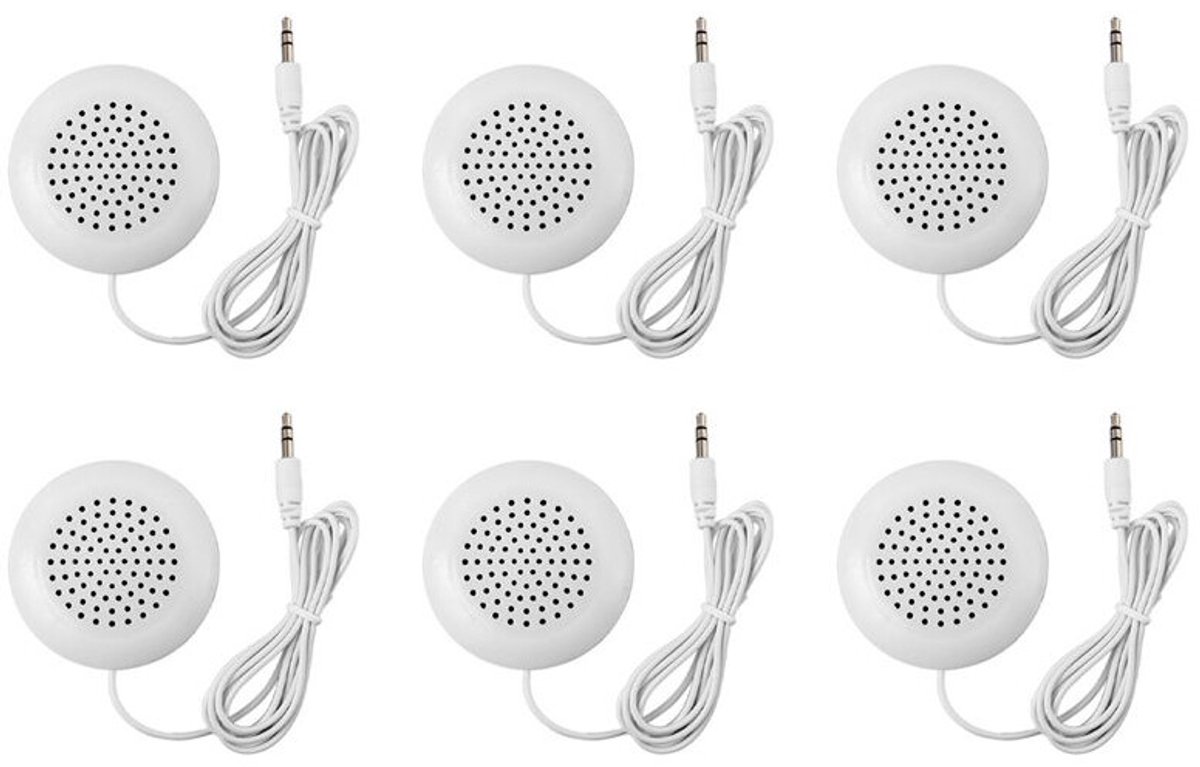 Zes witte, kussenvormige luidsprekers van 3,5 mm, Geschikt voor cd-, radio- en mp3-spelers.