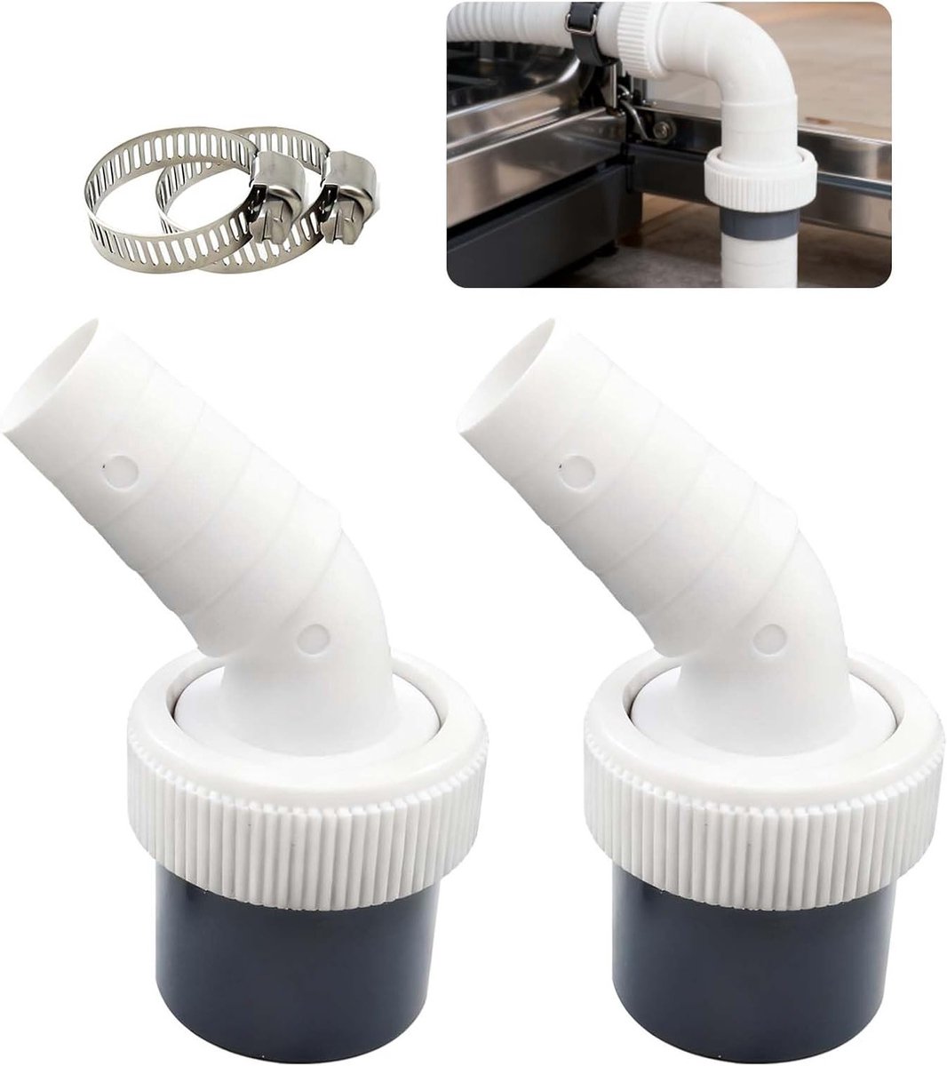 Set van 2 Afvoeraansluitingen voor Wasmachine, Geschikt voor 18-24 mm Afvoerbuizen, Inclusief Slangklem, Ideaal voor Vaatwasser en Droger