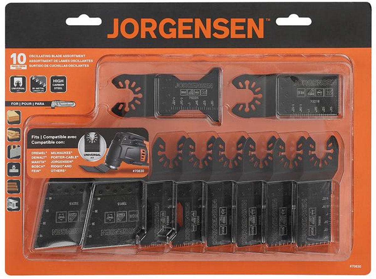 Jorgensen Oscillerende Zaagbladenset 10 delig | Universele Multitool Zaagbladen | Voor Hout, Hout met Spijkers en Non Ferrometaal | Open Back Aansluiting