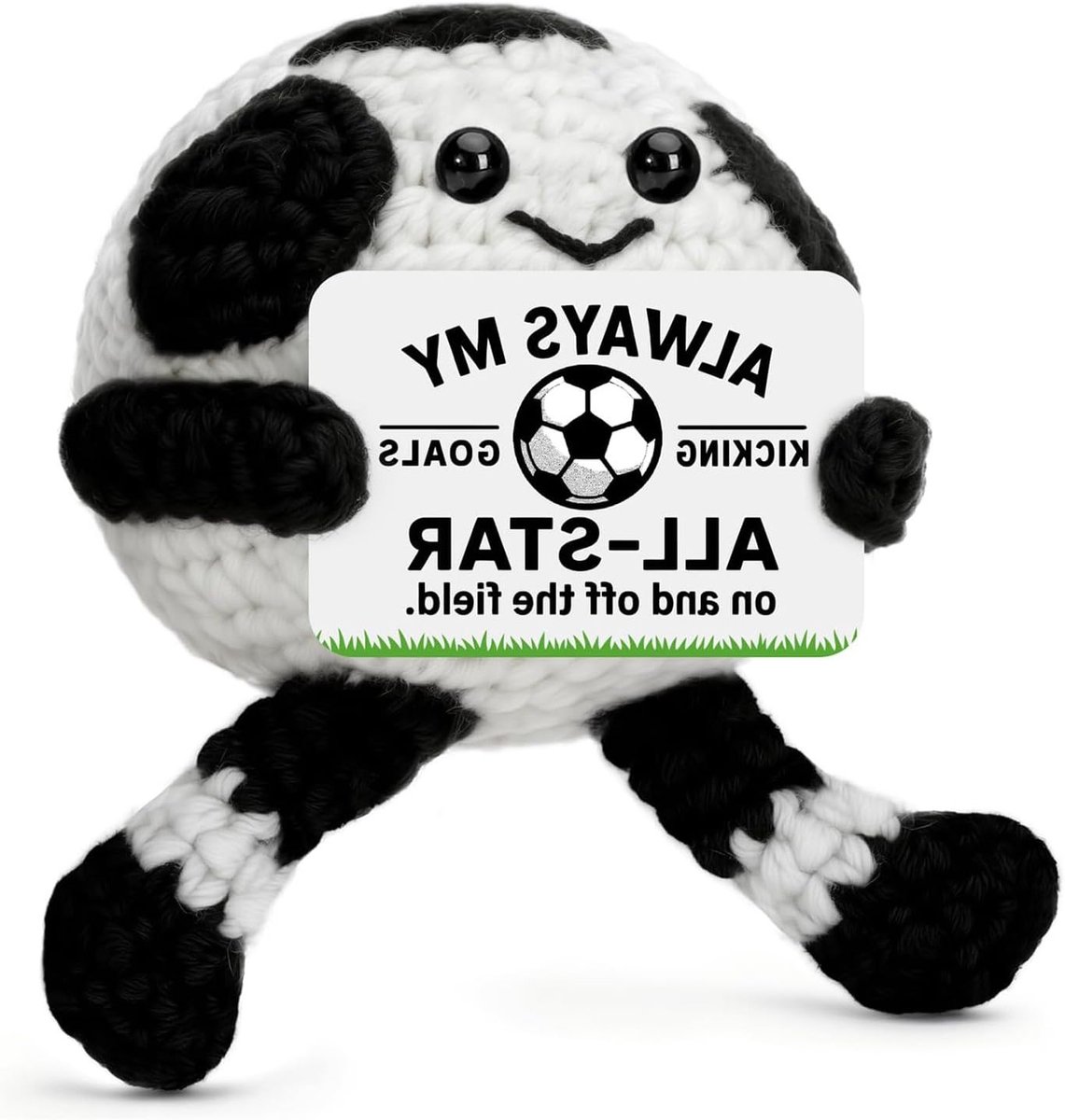 Gehaakte pluche voetbalbal met inspirerende tekening, schattig sportcadeau voor jongens en voetbalfans, unieke bureaudecoratie voor voetballiefhebbers