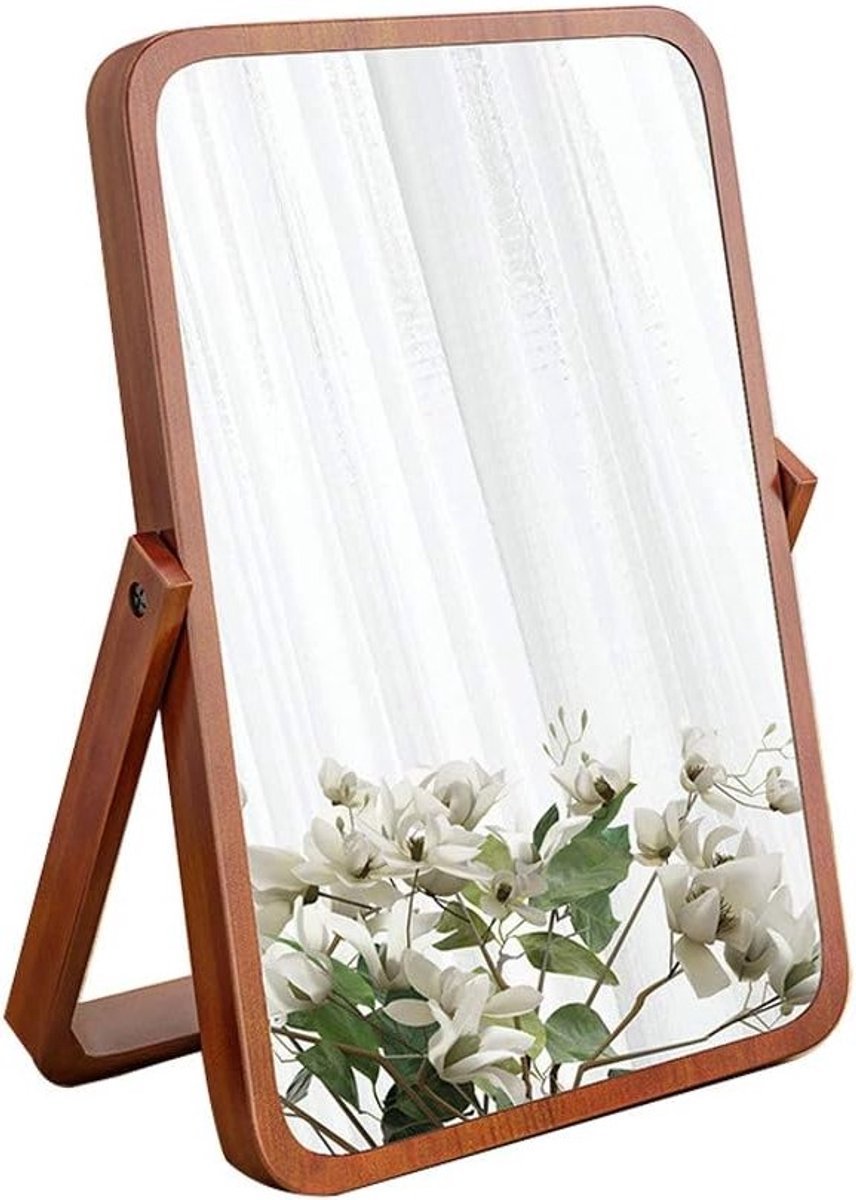 Houten Tafelspiegel met Standaard – Vrijstaande HD Make-up Spiegel