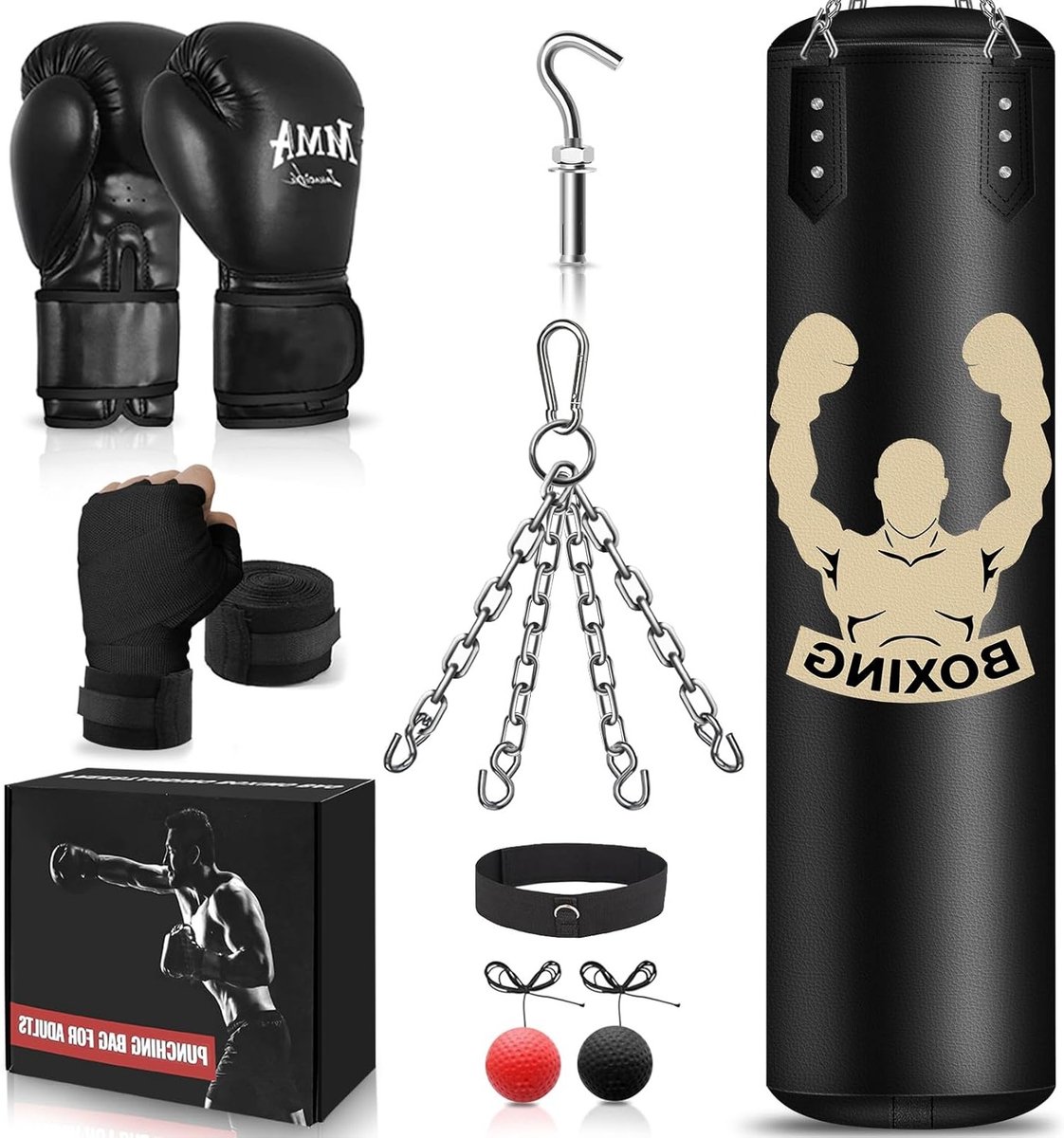 Zware Punching Bag Set voor Volwassenen - 4FT Ongevulde Kickbag, Reflexbal, MMA Handschoenen en Polsband voor Karate, Kickboksen en Muay Thai Training
