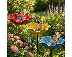Set van 3 - vogelbad - vogelbadjes buiten - waterschaal vogels - Vogeldrinkbakken - 15 x 15 x 5 cm - Metaalbloemen-tuinpaal-vogeldrinkbak - voor Vogels, Vlinders en Bijen - voor Buiten voor Tuin-, Gazon- en Terrasdecoratie - Rood/Blauw/Geel