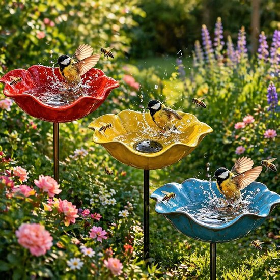 Set van 3 Vogelbadje - Vogeldrinkbakken - 15 x 15 x 5 cm - Metaalbloemen-tuinpaal-vogeldrinkbak - Vogelbad voor Buiten - Kleurrijke Drinkbak voor Vogels, Vlinders en Bijen - voor Buiten voor Tuin-, Gazon- en Terrasdecoratie - Rood/Blauw/Geel