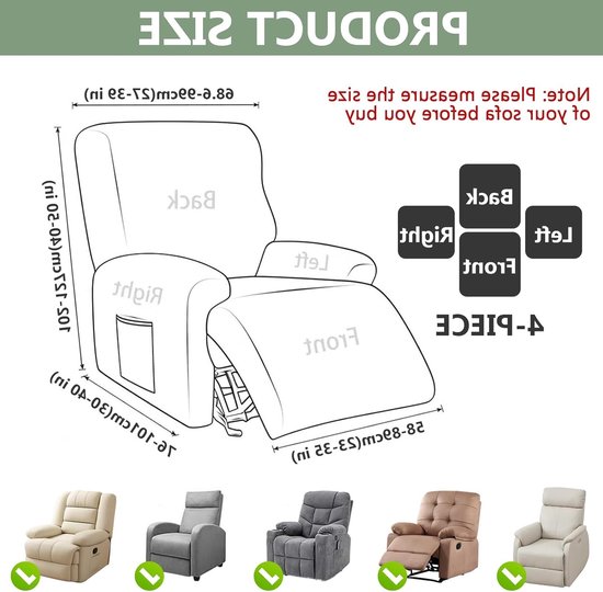 Verstelbare Stoelhoes voor Relaxfauteuil, 1-Zit, Elastische 4-Delige Hoes met Afneembare Zijzakken en Bescherming tegen Vlekken en Stof — afbeelding 5