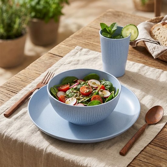 Blauw camping servies dames en heren 3 delige servies set met bord kom en beker lichtgewicht PP tafelgerei voor kamperen picknick outdoor reizen en dagelijks gebruik — afbeelding 2