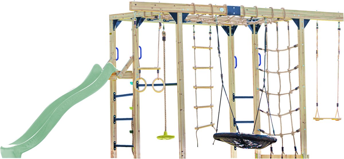 AXI Boris Klimtoestel Bruin met Schommels en Trapeze – Pastel Groene Glijbaan – Monkey Bars en Klimnetten – Duikelstang – Diverse Ladders