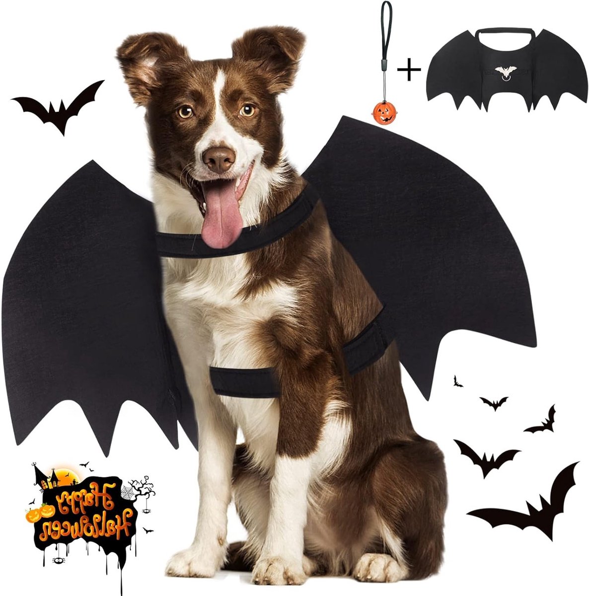 Schattige Kattenkostuum met Vampiervleugels en Pompoenbel - Verstelbaar Cosplay Kostuum voor Honden en Katten (Hals: 15-25 Inch/Borst: 18.5-32 Inch)