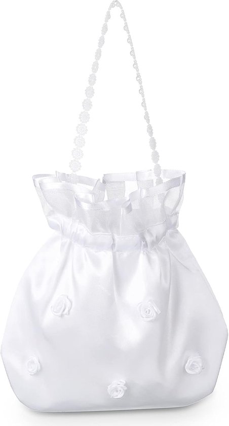 JeiibrZui Wit Satijn Bruidstasje Bloem - 18 x 23 Cm - 1 Stuks Elegante Clutch Met Koord - Witte Handtas Voor Bruiloft Communie En Feest