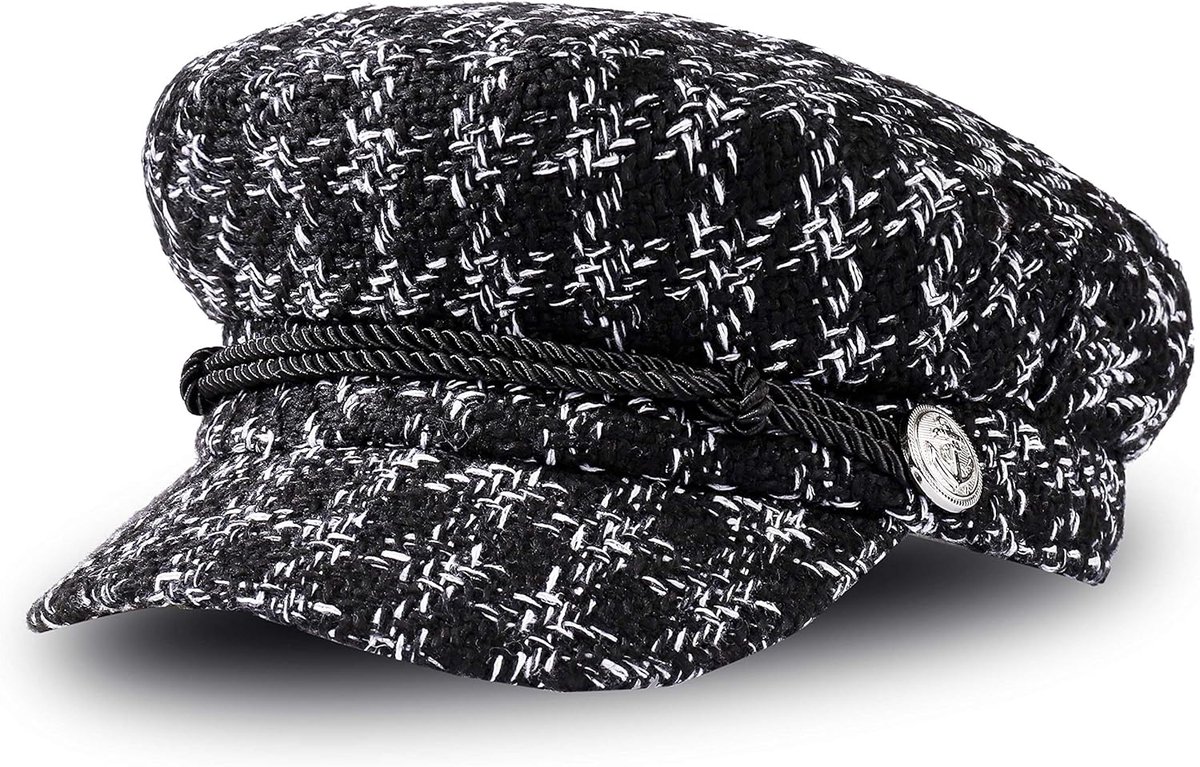 JeiibrZui Dames Baret Hahnentritpatroon - M (56-58 Cm) - 1 Stuk - Zwart - Vintage Elegante Hoed Met Knopdetail Voor Lente Herfst Winter