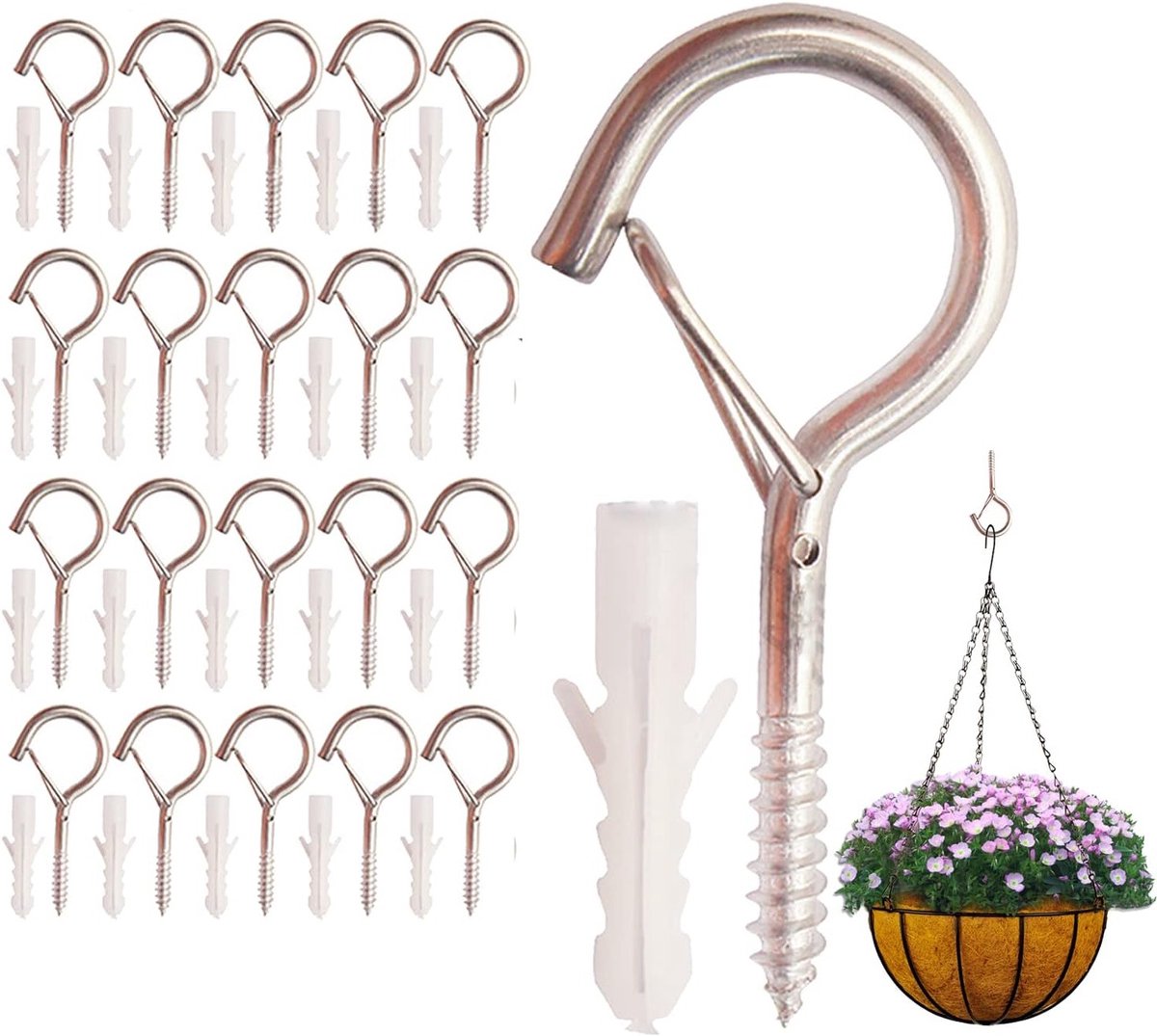 20 Stuks Zware Schroefhaken - Winddichte, Vergrendelbare Hangers voor Buitenverlichting en Planten, Maximaal 18kg, RVS Haken voor Tuin, Schutting en Bomen
