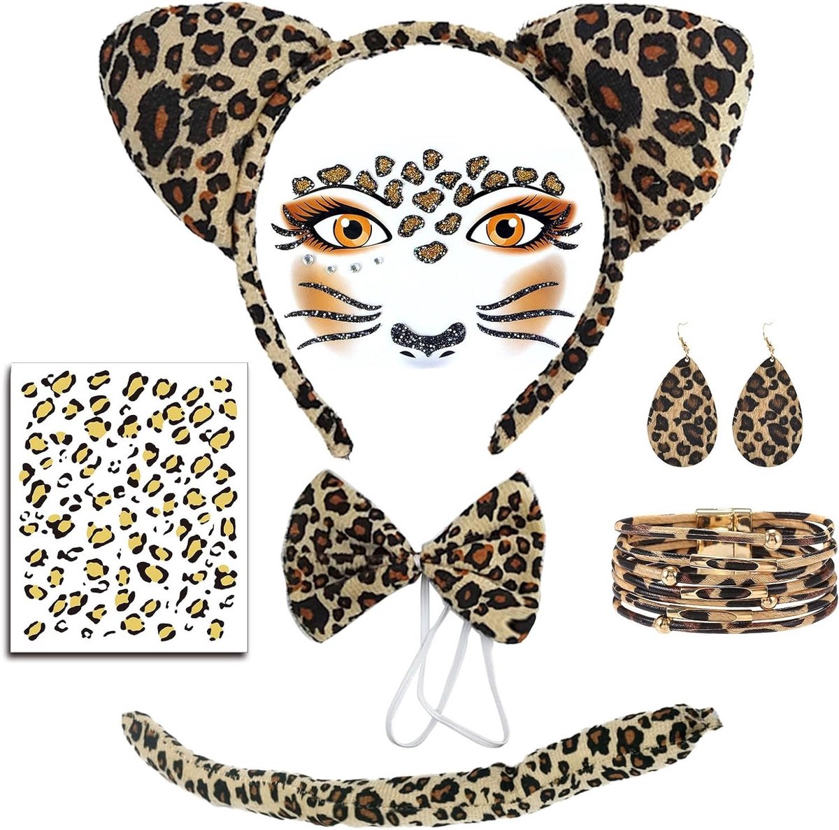 Leopard Print Kostuum Set met Oorbellen, Staart, Armband en Gezichtsdecoratie voor Carnaval en Feestjes
