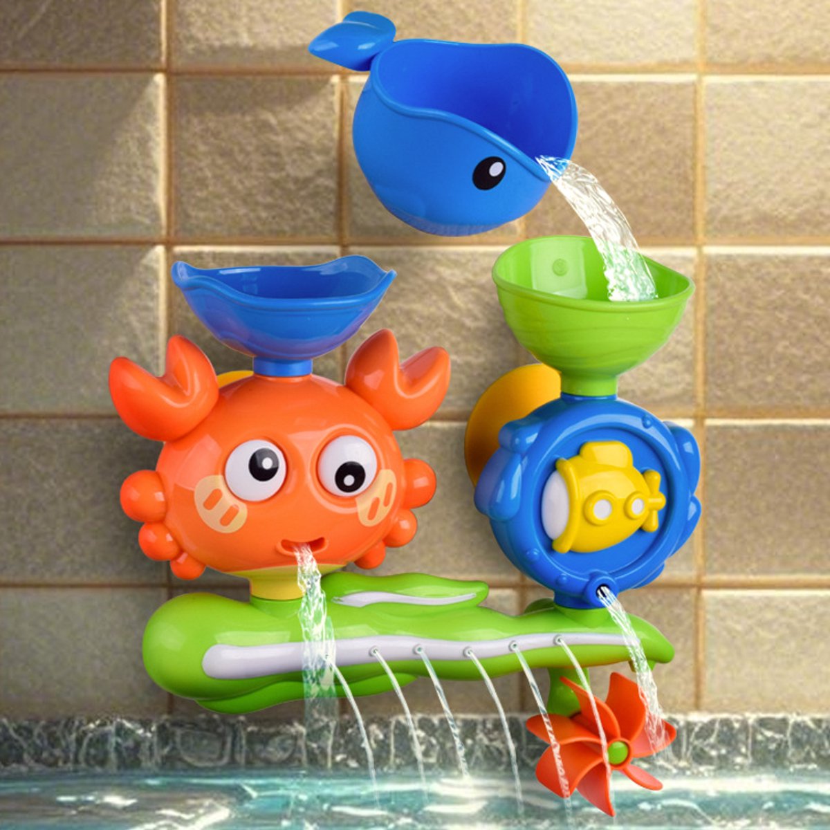 Babybadspeelgoed voor kinderen van 1-3 jaar - Krabwaterval badspeelgoed met zuignap voor peuters - Leuk en schimmelvrij badspeelgoed - Baddouche speelset voor baby's, jongens en meisjes - geel