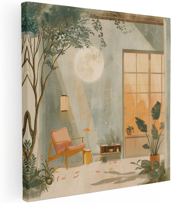 Artaza Canvas Schilderij Japandi Woonkamer - 90x90 cm - Wanddecoratie Boho - Muurdecoratie Maanlicht - Decoratie Planten