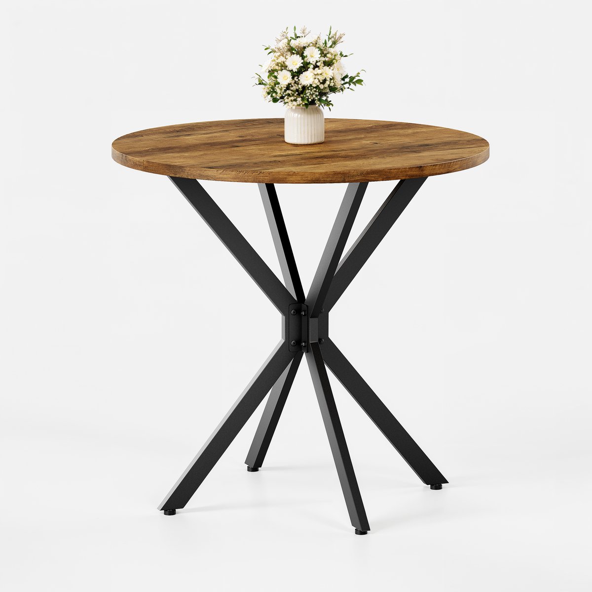 Ronde eettafel Industrieel - 80 x 80 x 75 cm - X-poot (Kruispoot) - Keukentafel voor Eetkamer & Thuiswerkplek - Bruin/Zwart